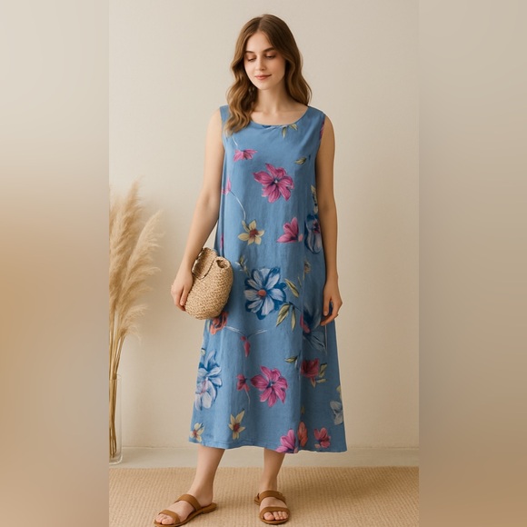 None Dresses & Skirts - 100%‎ Linen Floral Midi dress size M 8 10 Made In Italy Beach CottageCore cruise